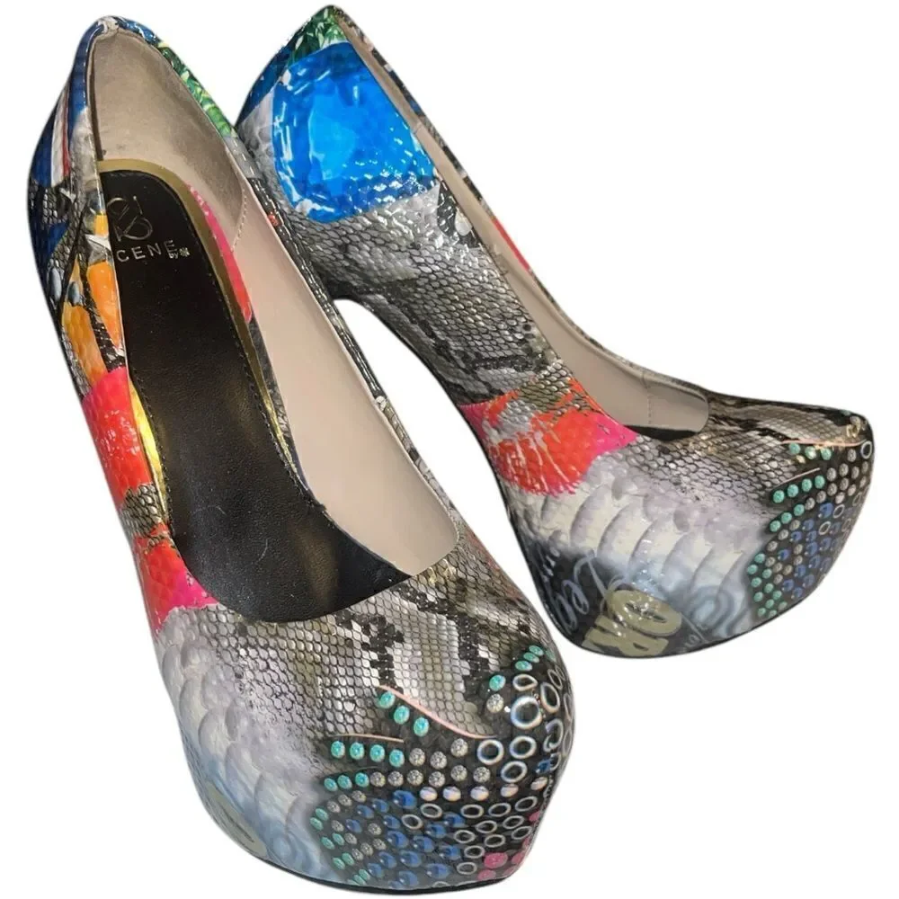 Shoe dazzle,Pop 7 Art Magazine Stiletto Dance High Heel Shoes -Snakeskin-Gray